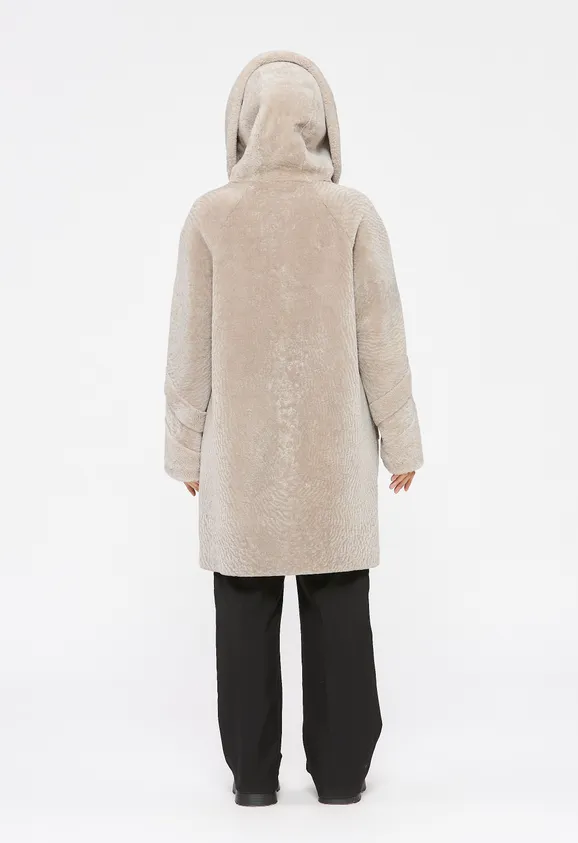 Фото Шуба из натурального астрагана керли жемчуг с капюшоном - 7