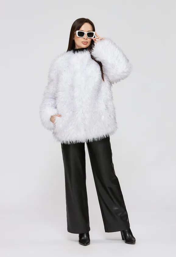Фото Шуба из эко ламы бело-серая с воротником стойка - 1