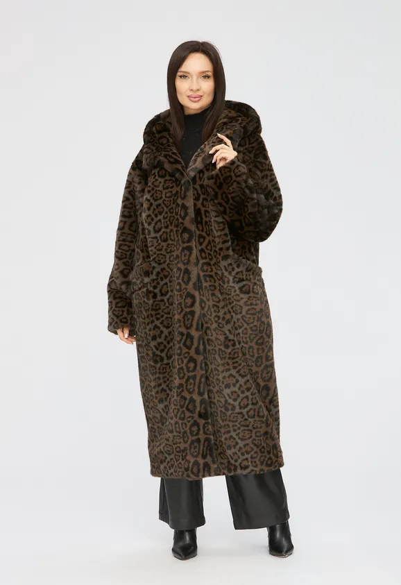Фото Шуба из эко норки леопард с капюшоном - 1