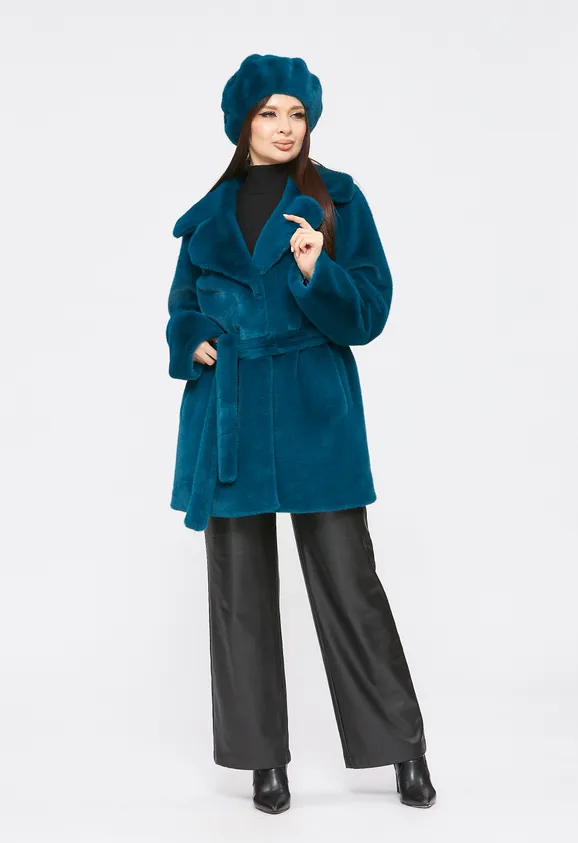 Фото Шуба из эко норки бирюза с английским воротником - 2