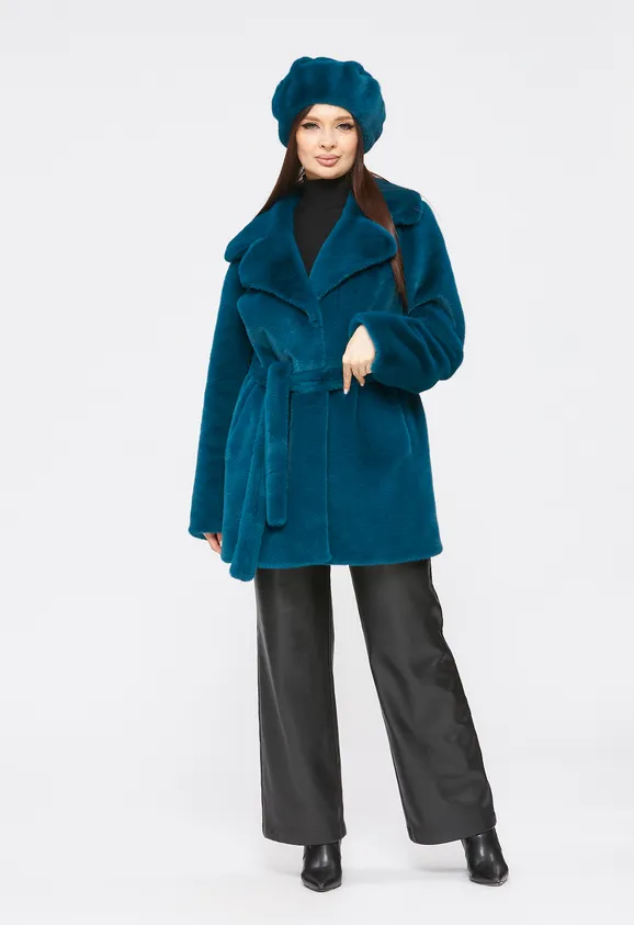 Фото Шуба из эко норки бирюза с английским воротником - 6