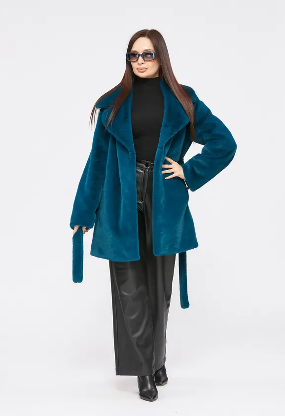 Фото Шуба из эко норки бирюза с английским воротником - 5