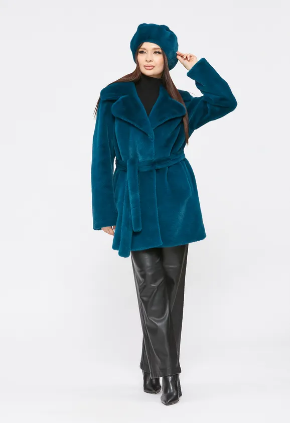 Фото Шуба из эко норки бирюза с английским воротником - 3