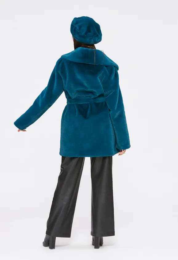 Фото Шуба из эко норки бирюза с английским воротником - 9