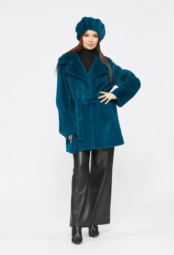 Фото Шуба из эко норки бирюза с английским воротником - 4