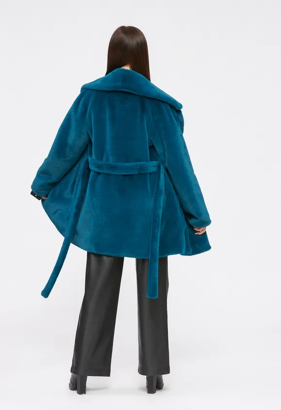 Фото Шуба из эко норки бирюза с английским воротником - 8