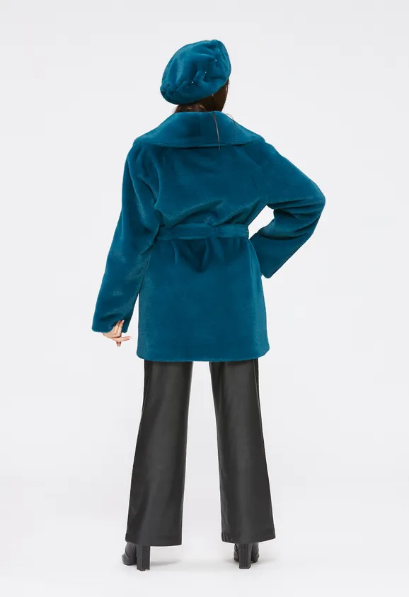 Фото Шуба из эко норки бирюза с английским воротником - 7