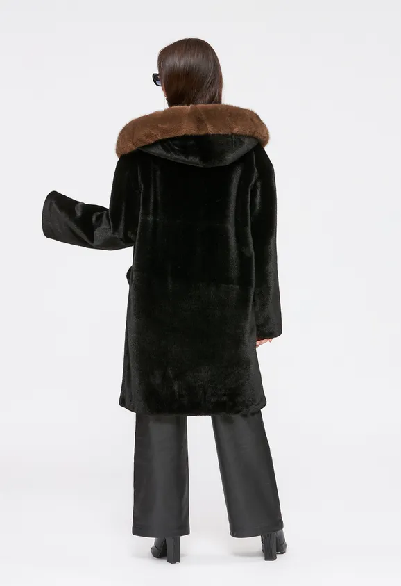 Фото Шуба из эко норки черная с капюшоном - 8