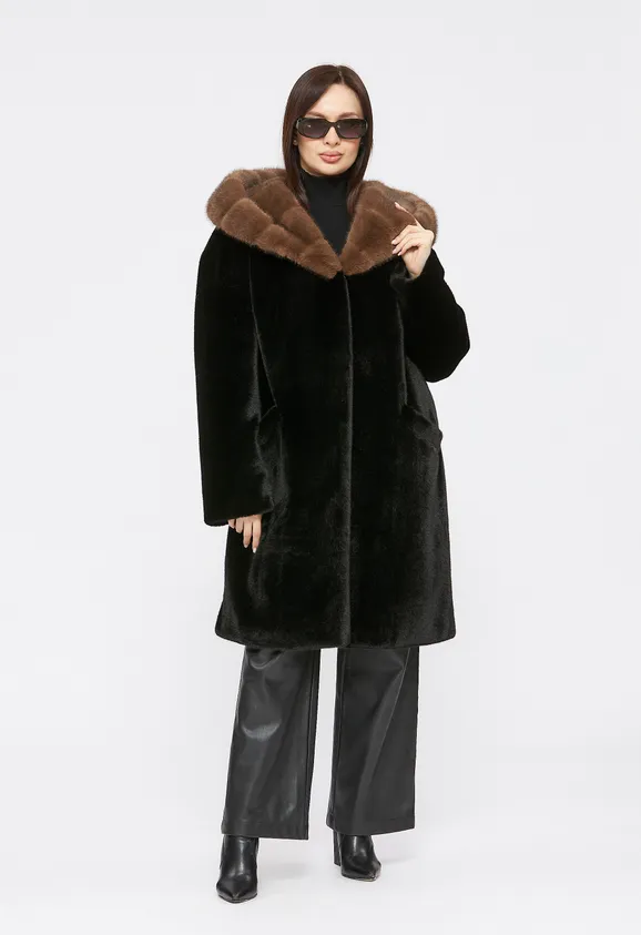 Фото Шуба из эко норки черная с капюшоном - 4