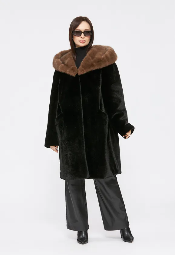 Фото Шуба из эко норки черная с капюшоном - 3