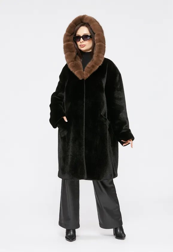 Фото Шуба из эко норки черная с капюшоном - 6