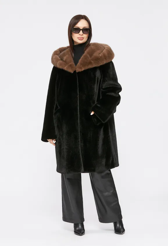 Фото Шуба из эко норки черная с капюшоном - 1