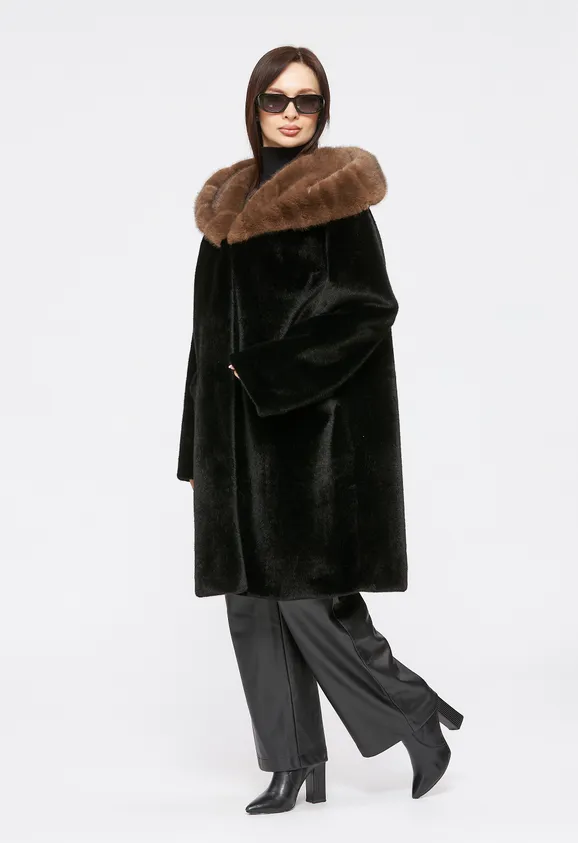 Фото Шуба из эко норки черная с капюшоном - 7