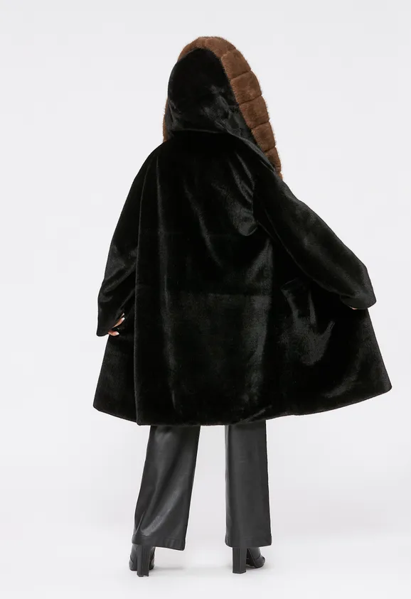 Фото Шуба из эко норки черная с капюшоном - 9