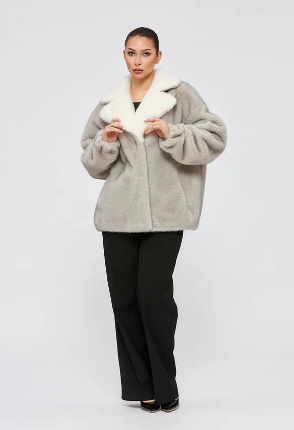 Фото Шуба из эко норки серая с английским воротником - 6