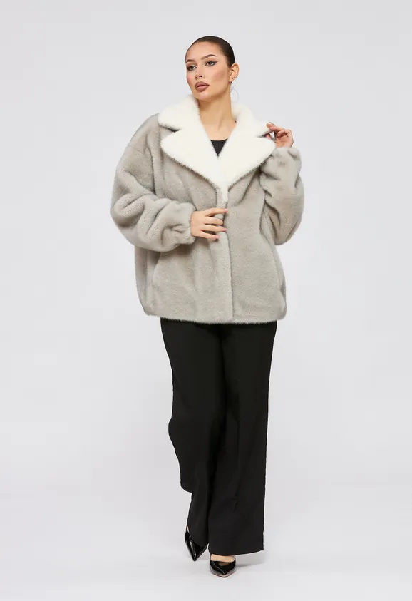 Фото Шуба из эко норки серая с английским воротником - 4