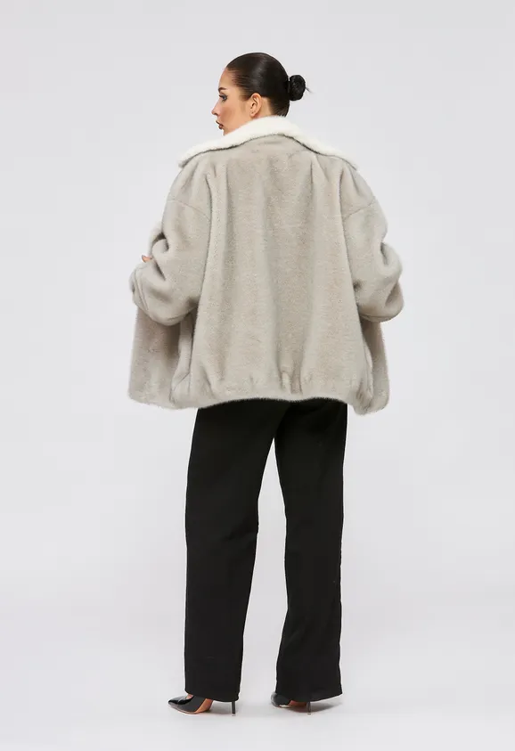 Фото Шуба из эко норки серая с английским воротником - 7