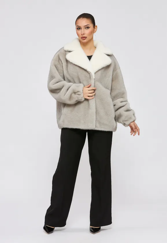 Фото Шуба из эко норки серая с английским воротником - 2