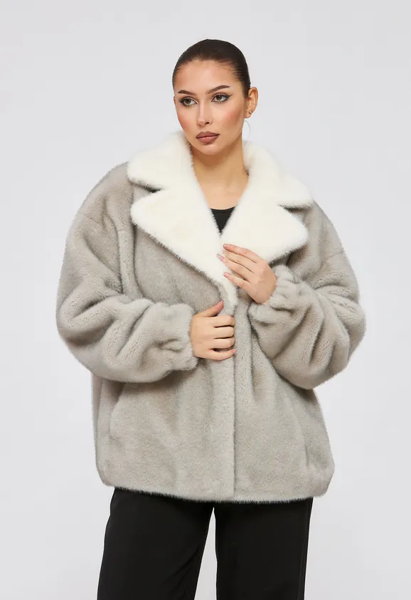 Фото Шуба из эко норки серая с английским воротником - 1