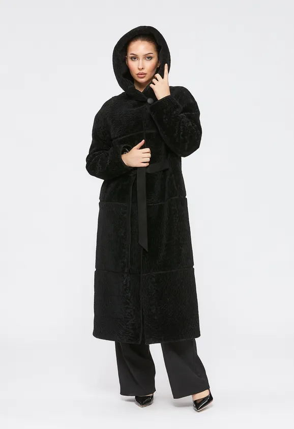 Фото Шуба из натурального астрагана черная с капюшоном - 7