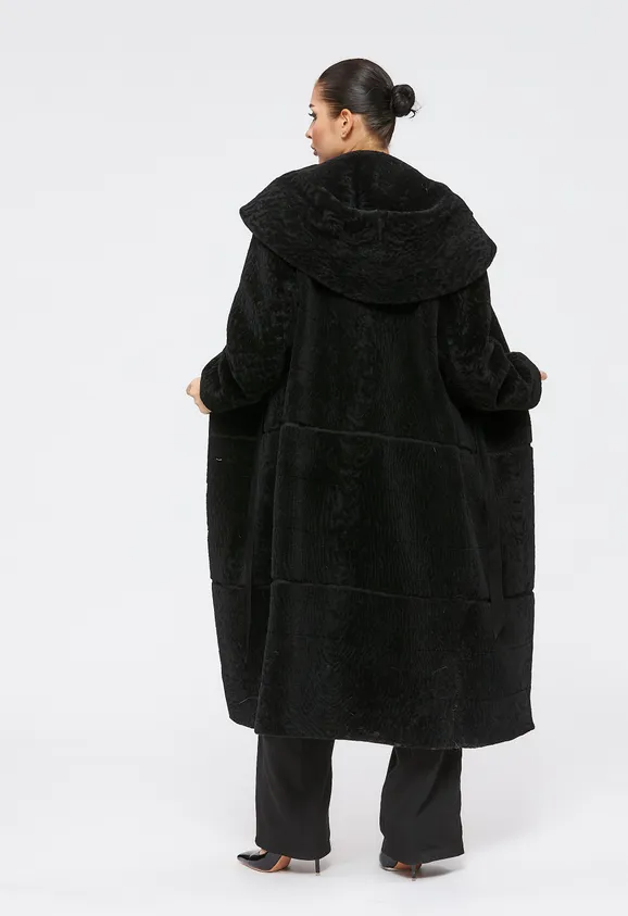 Фото Шуба из натурального астрагана черная с капюшоном - 8