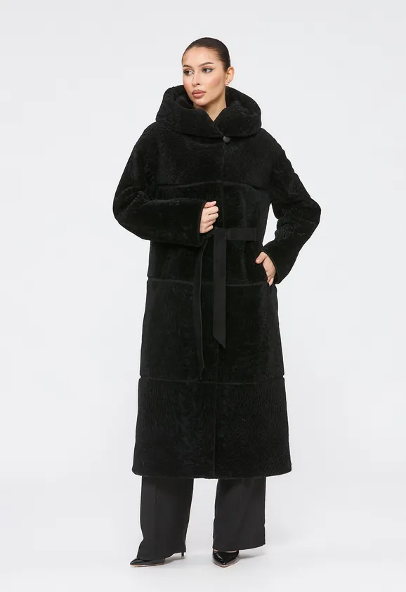 Фото Шуба из натурального астрагана черная с капюшоном - 2
