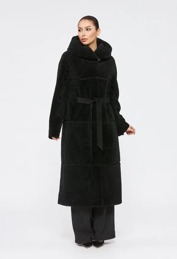 Фото Шуба из натурального астрагана черная с капюшоном - 5