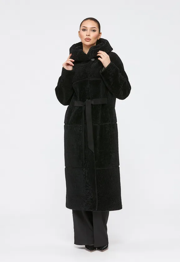 Фото Шуба из натурального астрагана черная с капюшоном - 1