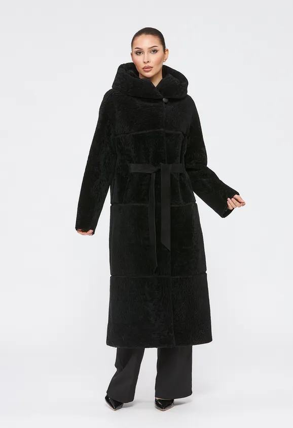Фото Шуба из натурального астрагана черная с капюшоном - 9