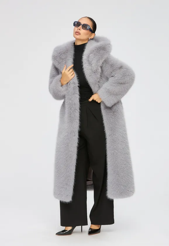 Фото Шуба из эко песца серая с капюшоном - 4