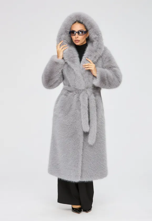 Фото Шуба из эко песца серая с капюшоном - 3