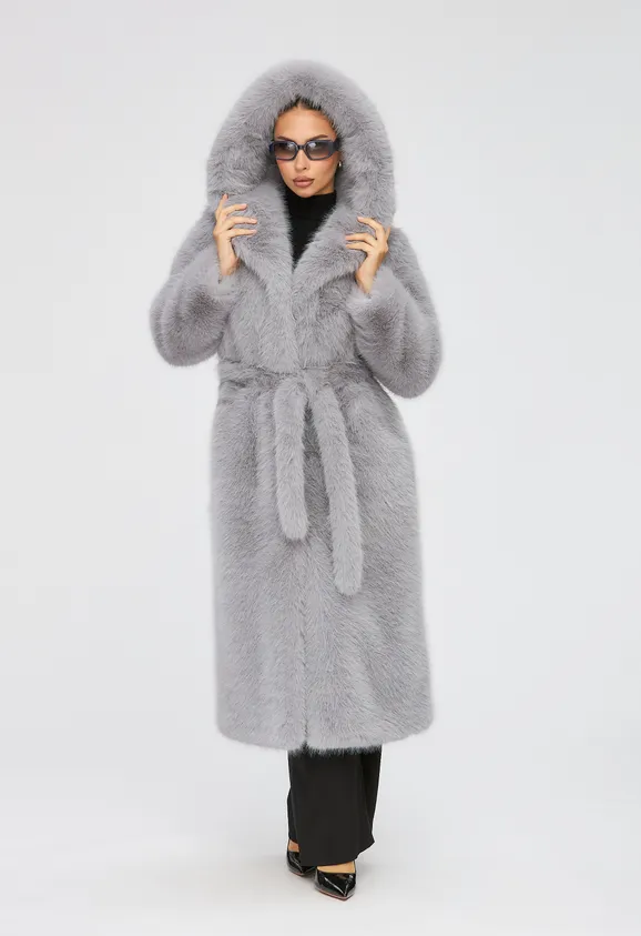 Фото Шуба из эко песца серая с капюшоном - 5