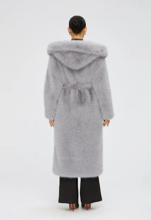 Фото Шуба из эко песца серая с капюшоном - 8