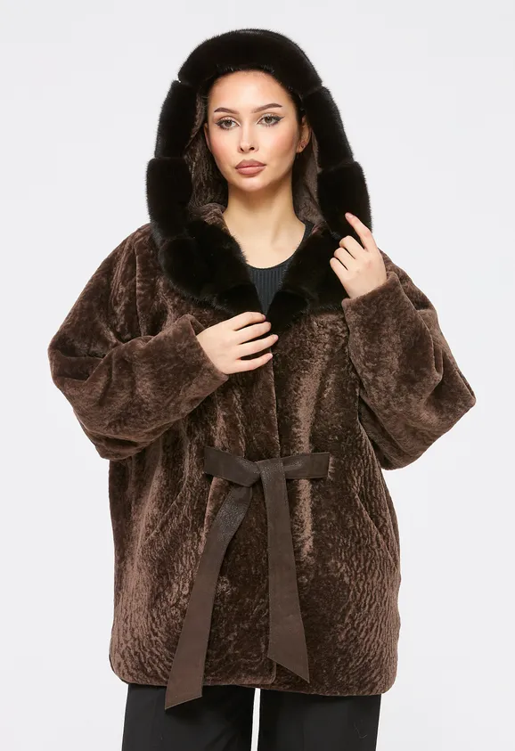 Фото Шуба из натурального астрагана кашемир с капюшоном из натуральной норки - 4