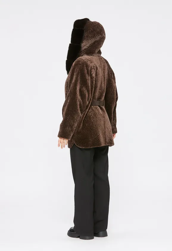 Фото Шуба из натурального астрагана кашемир с капюшоном из натуральной норки - 7