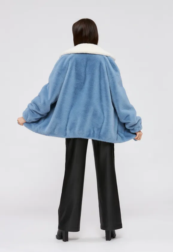 Фото Шуба из эко норки голубая с белым и английским воротником - 6