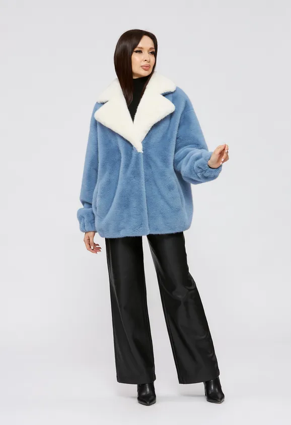 Фото Шуба из эко норки голубая с белым и английским воротником - 1