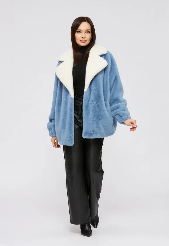 Фото Шуба из эко норки голубая с белым и английским воротником - 9