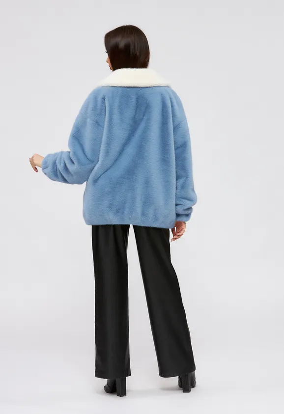 Фото Шуба из эко норки голубая с белым и английским воротником - 4