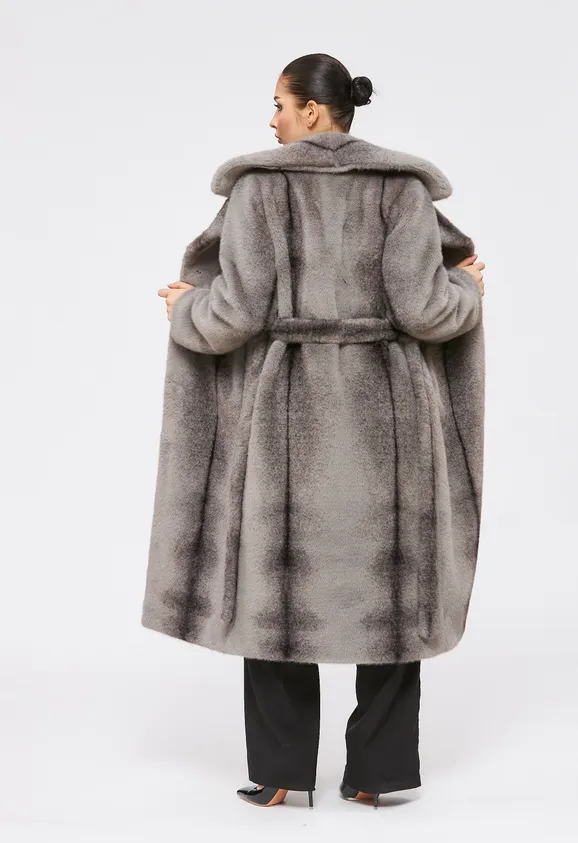 Фото Шуба из эко норки крестовка серая с английским воротником - 4