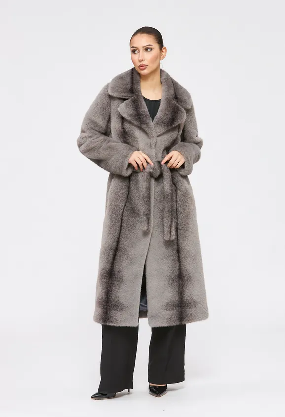 Фото Шуба из эко норки крестовка серая с английским воротником - 6