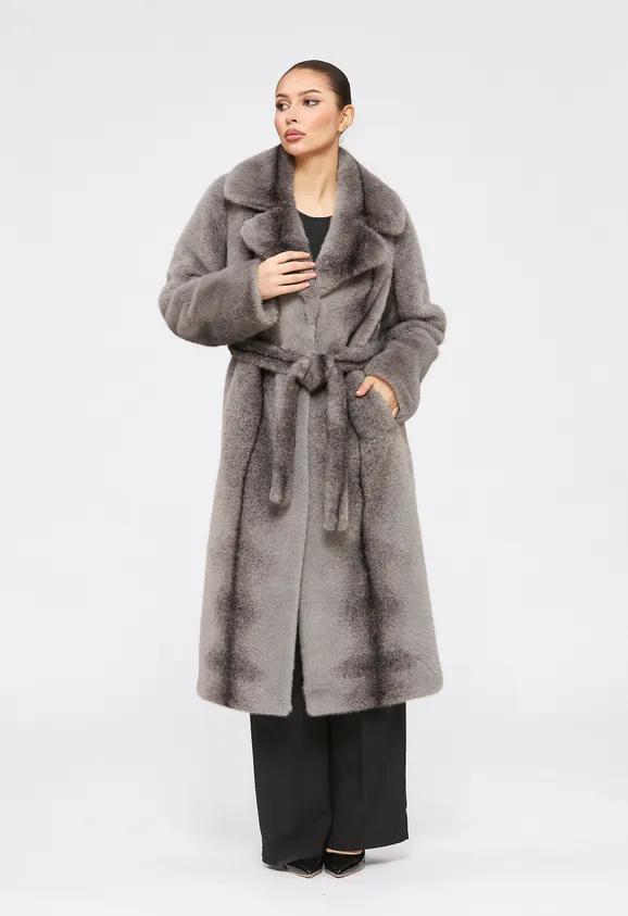 Фото Шуба из эко норки крестовка серая с английским воротником - 1