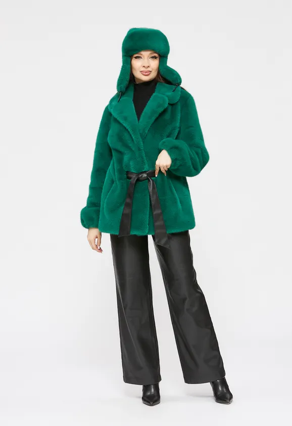 Фото Шуба из эко норки зеленая с английским воротником - 7