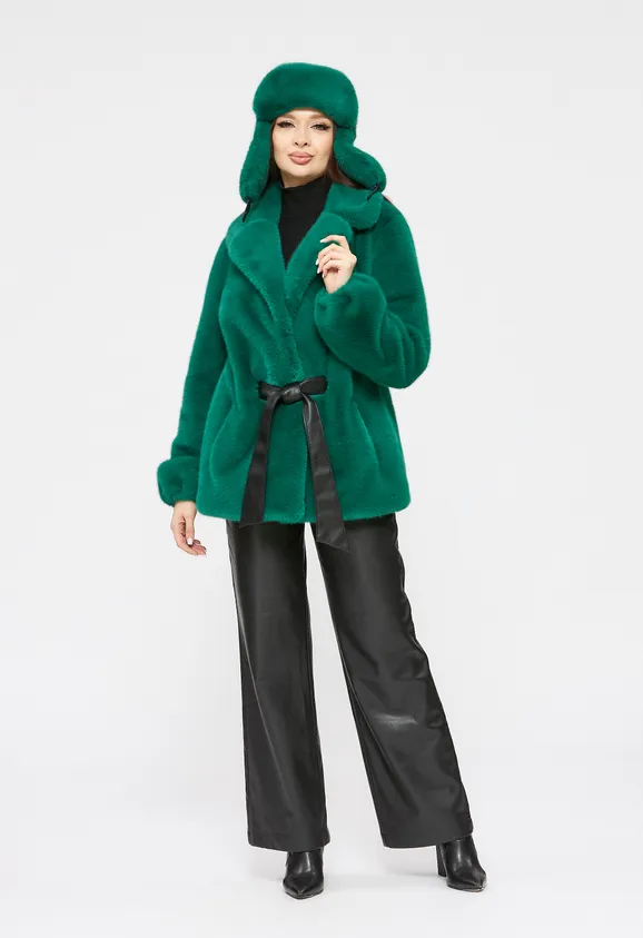 Фото Шуба из эко норки зеленая с английским воротником - 10