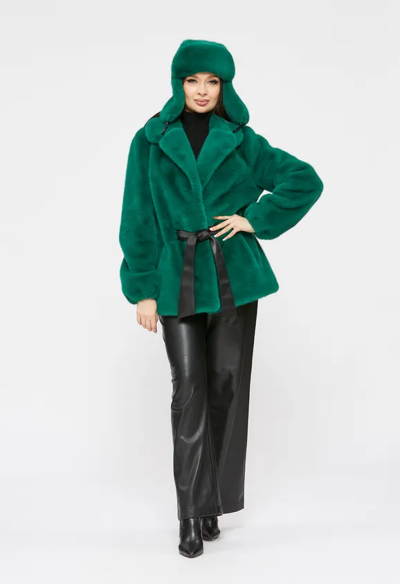 Фото Шуба из эко норки зеленая с английским воротником - 9