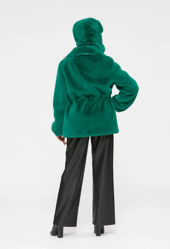 Фото Шуба из эко норки зеленая с английским воротником - 4