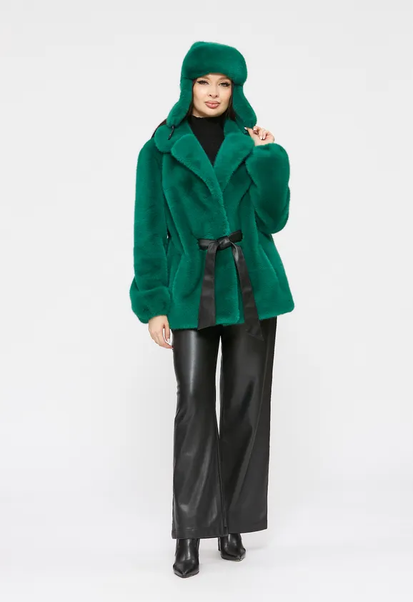 Фото Шуба из эко норки зеленая с английским воротником - 2