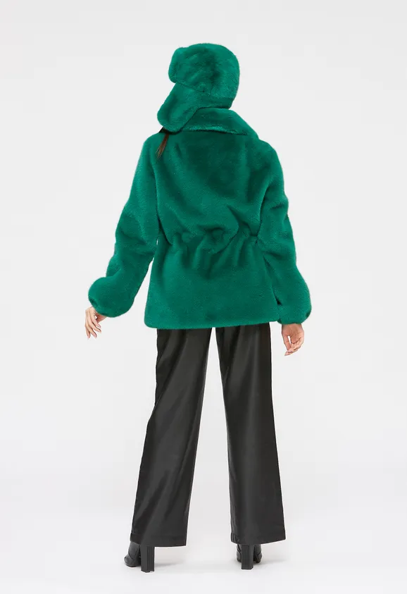 Фото Шуба из эко норки зеленая с английским воротником - 5