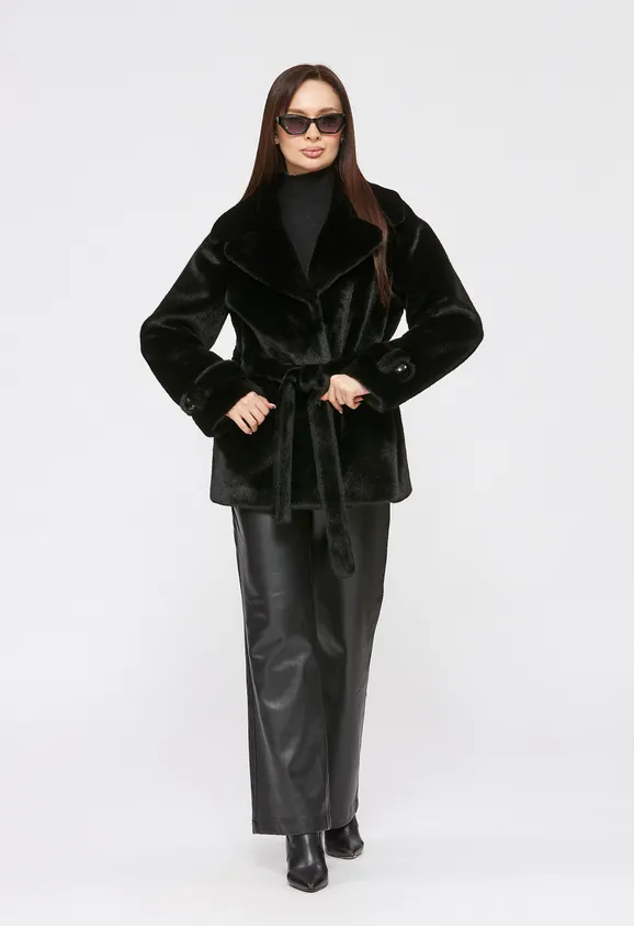 Фото Шуба из эко норки черная с английским воротником - 7