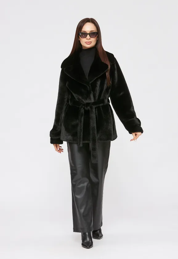 Фото Шуба из эко норки черная с английским воротником - 3